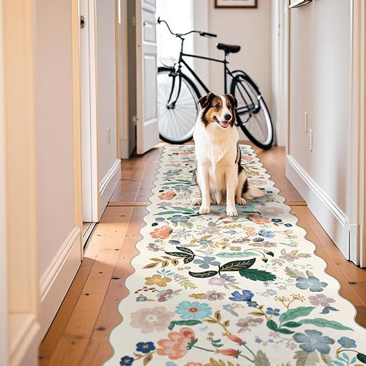 Washable 3x12 Hallway Runner Rug: Soft Floral Scalloped Runners for Entryway Kitchen Nursery Non Slip Bathroom Laundry Floor Mat Water Resistant Light Weight Carpet for Living Room Bedroom(3x12,Cream)