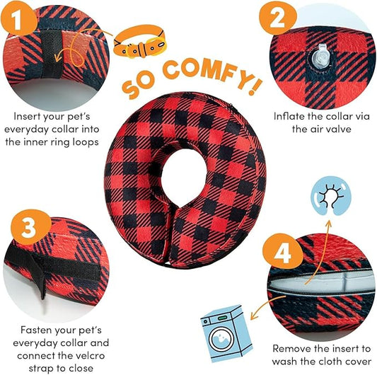 BENCMATE Inflatable Dog Cone Collar Alternative, Soft Dog Cone for Small Medium Large Dogs and Cats, Neck Recovery ECollar Donut Collar After Surgery (Medium+, Plaid)