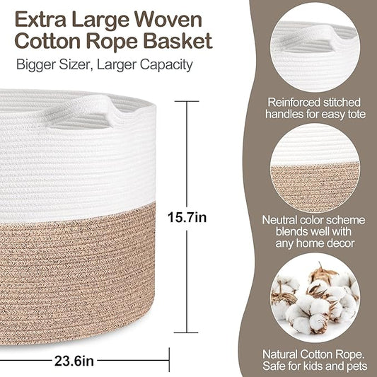 115L Super Large Blanket Basket, 23.6"x15.7" Oversized Cotton Rope Woven Basket for Toys, Towels, Shoes, Laundry, XXXL Jumbo Storage Bin for Blankets for Living Room, Toy Organizer, Brown