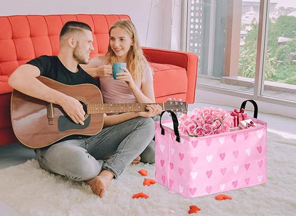 Valentine's Day Gift Basket Pink Heart Print Box Hamper Storage Basket Collapsible Organizer Bin Gift Shelf Baskets for Home and Kitchen Storage