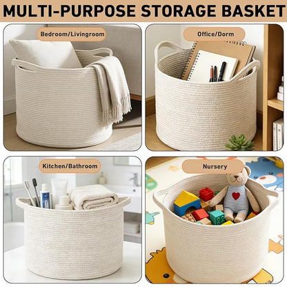 115L Large Blanket Basket,23.6" L x 23.6" W x 15.7" H Rope Woven Baskets with Handles, Toys Storage Bins,Laundry Basket Perfect for Living Room, Nursery,Bedroom,Home Organization,White