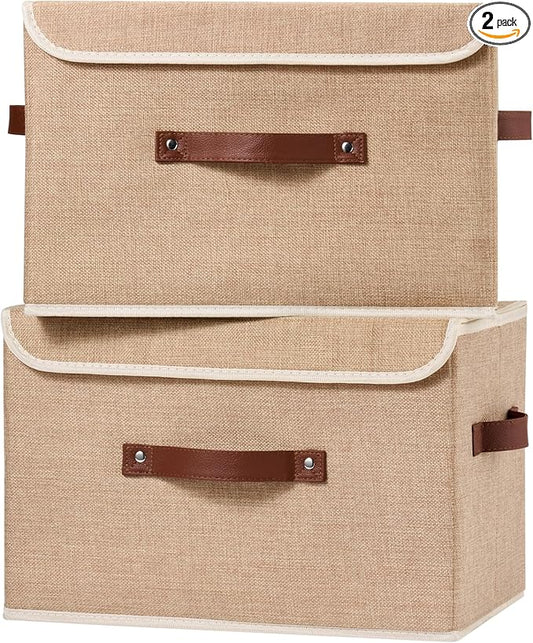 2PCS Storage Boxes with Lid Cotton Linen Fabric Storage Bins Organizer Container Decorative Collapsible Washable Shelf Closet Baskets Faux Leather Handles Home Bedroom (Linen, Large)