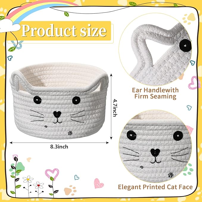 Zopeal Cat Basket Storage Woven Organizer with Ears Easter Decorative Pet Toy Cute Cotton Rope Basket for Gift Cat Dog Toy Bin Nursery Room(8.3 x 4.7 Inch,White)