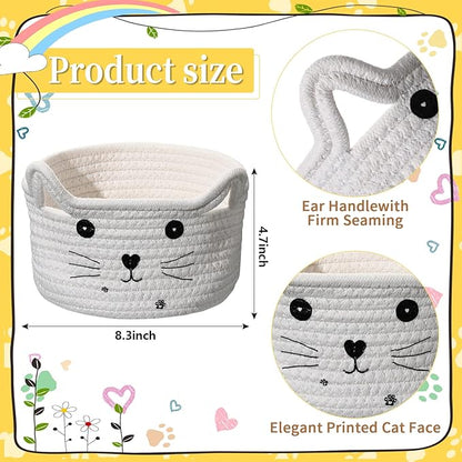 Zopeal Cat Basket Storage Woven Organizer with Ears Easter Decorative Pet Toy Cute Cotton Rope Basket for Gift Cat Dog Toy Bin Nursery Room(8.3 x 4.7 Inch,White)