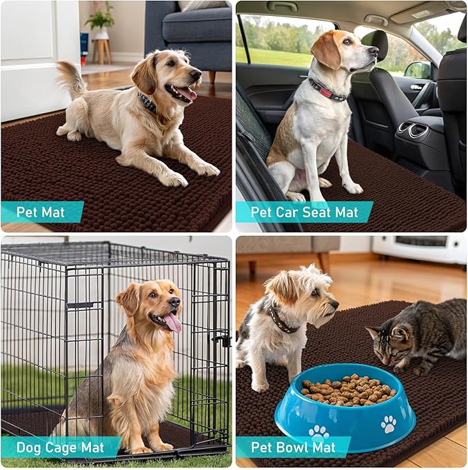 OLANLY Dog Door Mat Set 2-Piece 24x16, Absorbs Moisture and Dirt, Absorbent Non-Slip Washable Doormat, Quick Dry Chenille Mud Mat for Dogs, Entry Indoor Entryway Carpet for Inside Floor, Brown