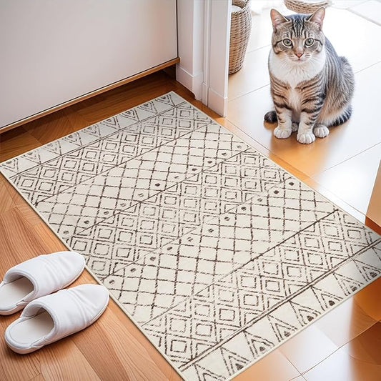 Small Rug 2x3 Washable - Moroccan Kitchen Area Rugs Low Pile Indoor Mat Non Slip with Rubber Backing Soft Area Rug Pet Friendly for for Entryway Front Door Bedroom 2x3 Geo Beige