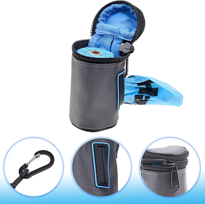 Kare & Kind Pet Waste Bag Dispenser with Carabiner - Double Layer Fabric - Zippered Poop Bag Holder and Pet Waste Bags - Clip On Container Attaches to Leash, Belt, Harness,Collar, Bags - (Black)