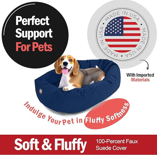 Majestic Pet 32 Inch Suede Calming Dog Bed Washable – Cozy Soft Round Dog Bed with Spine Support for Dogs to Rest Their Head - Fluffy Donut Dog Bed 32x23x7 (Inch) - Round Pet Bed Medium – Navy (2025)