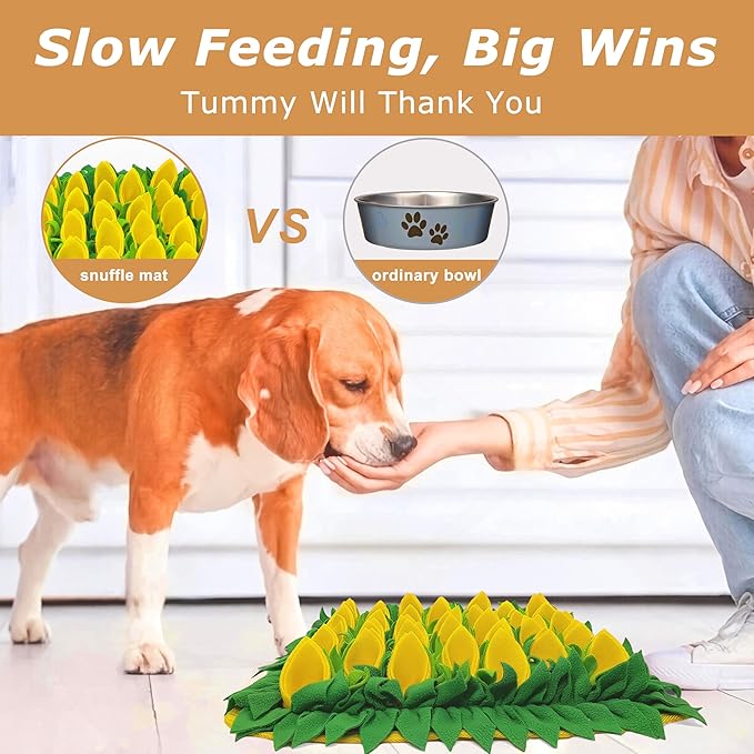 Snuffle Mat for Dogs, Cats, Rabbits, Guinea Pigs, Durable Washable Pet Feeding Mat, Flower & Grass Slow Feeder, Nose Work Training Pad, Anxiety Relief & Mental Stimulation(S, Yellow)
