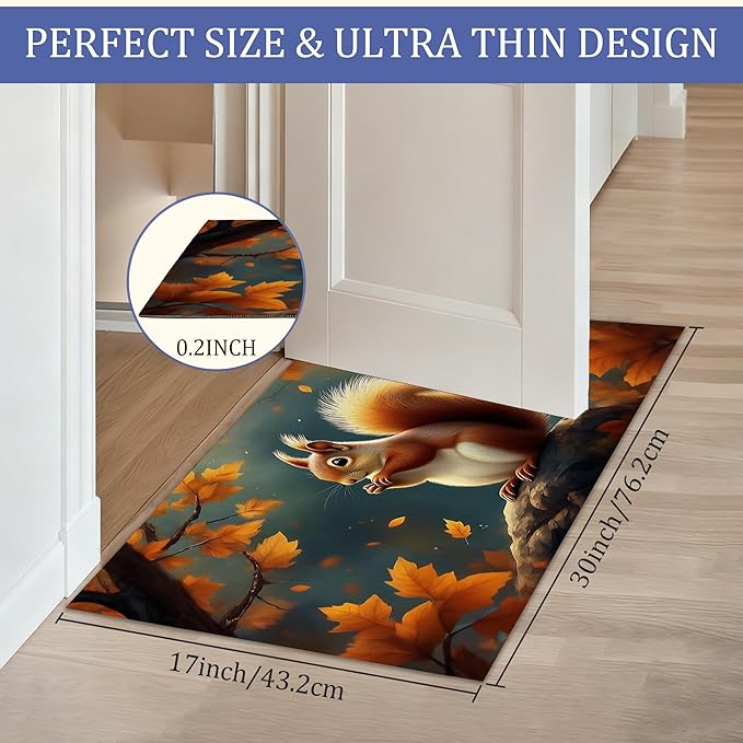 Door Mat, Cute Squirrel Rugs for Front Door,Non-Slip Fall Maple Leaf Low Profile Indoor Outdoor Welcome Mat for Entry Patio, Porch, Hallways,Kitchen 30 x 17 Inch