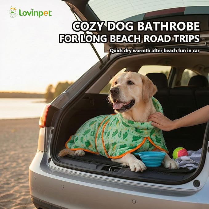 LovinPet 3‑in‑1 Dog Warm Winter Coat & Bathrobe, Hooded Dinosaur Fleece, Lightweight High‑Loft, Absorbent Knit, Quiet Hook‑and‑Loop, Wind‑Blocking Edges, Dog Robes for Medium & Large Dogs, Green,M