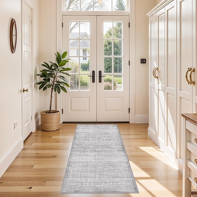 Washable Hallway 2x6 Runner Rugs: Soft Boho Geometric Entryway Kitchen Carpet Non-Slip Neutral Stain-Resistant Floor Mat for Bedroom Bathroom – Gifts for Newlyweds/Household Home Decor(Grey/Ivory,2x6)