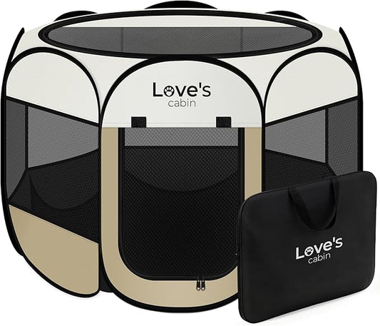 Love's cabin Pet Puppy Dog Playpen, Small Dog Tent Crates Cage Indoor/Outdoor, Portable Playpen for Cat, Foldable Pop Up Dog Kennel Playpen with Carring Case, Removable Zipper Top, Khaki