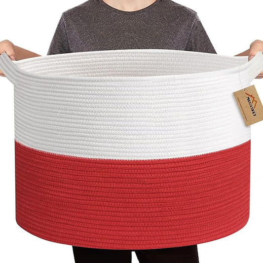 Large Red Baskets for Storage, 22x14 Wicker Woven Storage Basket, Blanket Organizer, Kids Toy Bin Box, Bathroom Beach Towel Basket, Basket for Gifts Decor, Fireplace Living Room Decoration