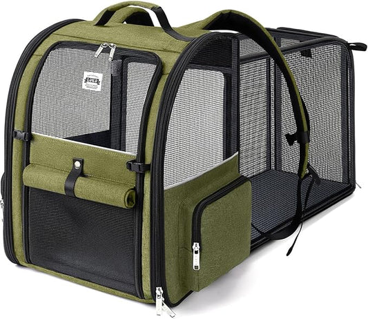Lekebobor Large Cat Backpack Carrier Expandable Pet Carrier Backpack for Small Dogs Medium Cats Fit Up to 18 Lbs, Dog Backpack Carrier, Foldable Puppy Backpack Carrier for Travel, Hiking,Dark Green