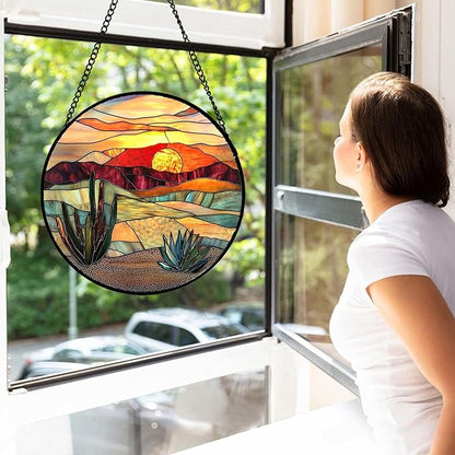 Stained Glass Window Hanging, Golden Landscape Dusk Sunset Suncatcher for Doors Window Home Cactus Sun Catchers Decoration Mother's Day Birthday Gifts for Women, Men, and Mom 15 in