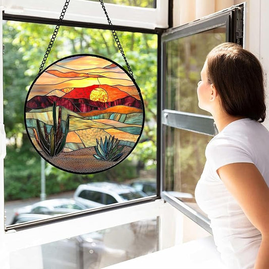 Stained Glass Window Hanging, Golden Landscape Dusk Sunset Suncatcher for Doors Window Home Cactus Sun Catchers Decoration Mother's Day Birthday Gifts for Women, Men, and Mom 15 in