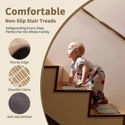 Non-Slip Carpet Stair Treads 4PCS, 8"x30" Peel and Stick Stair Runner for Wooden Steps Indoor, Washable Reusable Adhesive Backing, Pet-Friendly Safety Mats for Kids, Elders, Dogs
