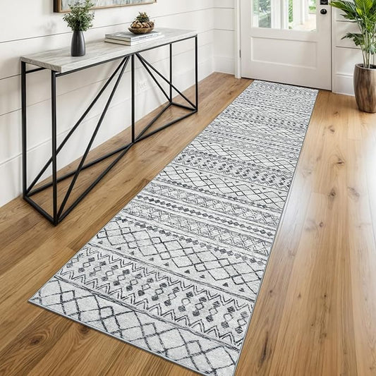 KUTA Boho Runners for Hallways 2x8 Grey Moroccan Washable Runner Rug Non-Slip Vintage Kitchen Rugs Ultra Soft Distressed Geometric Floor Carpet for Bedroom Laundry Living Room
