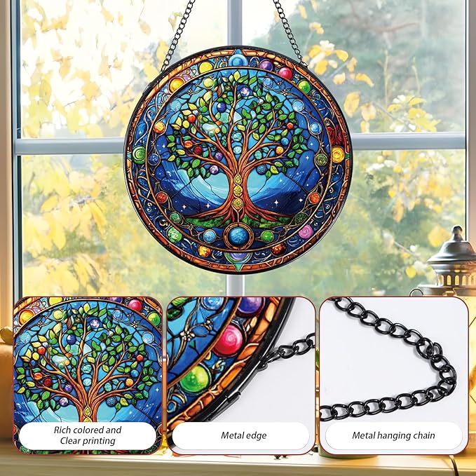 Tree of Life Stained Glass Window Hanging Gifts, 7.8″ Sun Catchers for Indoor Window Decor, Decorative Sun Catchers Home Wall Art Gift for Thanksgiving Christmas Housewarming