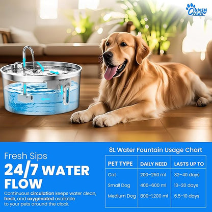 Stainless Steel Dog Water Fountain, 8L Large Automatic Water Dispenser for Cats, Dogs & Other pet, Quiet Filtered Fountain with Dual Outlets, USB Power Base for Home Use