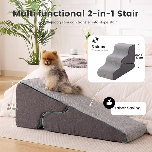 Gardner Pet Dog Stairs for Small Dogs 22.4" H, Large 2 in 1 Transformable 3-Step Pet Stairs and ramp, Dog Steps for High Bed (22-27") with Non-Slip Waterproof Cover CertiPUR-US Certified Foam, Grey