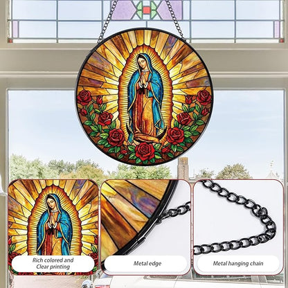 Virgen De Guadalupe Stained Glass Window Hanging, Christian Gifts Sun Catcher Housewarming, Decorative Suncatchers Religious Gifts for Wall Art Landscape Home Decor 8 Inch