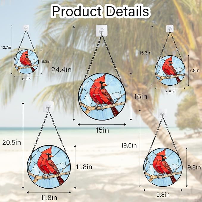 Stained Glass Window Hanging Cardinal Birds 9.8" - Suncatcher Door Garden Sun Catcher Home Decor Christmas Birthday for Bird Lovers Woman Her Nana Wife Men Mom