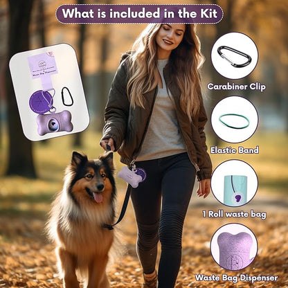 Complete Earth-Conscious Dog Waste Kit: Wheat Straw Waste Bag Dispenser with one corn starch 15-bag waste bag roll, Carabiner, Elastic Band for Secure Leash Attachment, Leak-Proof (Pink)