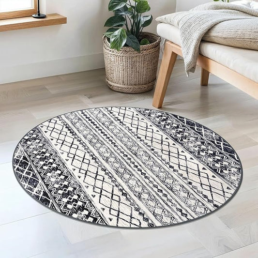 KUTA Round Washable Rug 3Ft Boho Black Navy Blue Entryway Rugs, Moroccan Foyer Kitchen Carpet Non-Slip, Soft Distressed Geometric Low-Pile Circle Throw for Hallway Bedroom Nursery Dorm