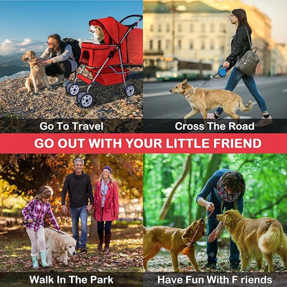 4 Wheels Dog Stroller, Foldable Pet Stroller for Small Medium Dogs, Portable Breathable Cat Stroller Dog Strollers with Storage Basket, Cup Holders, Removable Liner for Travel & Outdoor Use, Red