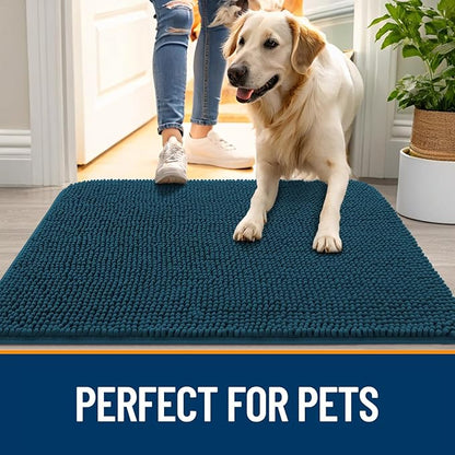 OLANLY Dog Door Mat Set 2-Piece 36x24, Absorbs Moisture and Dirt, Absorbent Non-Slip Washable Doormat, Quick Dry Chenille Mud Mat for Dogs, Entry Indoor Entryway Carpet for Inside Floor, Atlantic Blue