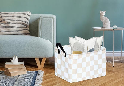 Beige Check Storage Basket Baby Toys Organizer Bins Decorative Gifts Bakset Waterproof Nursery Hamper Women Storage Cube Kids Laundry Basket for Home/Dorm/Kitchen/Pet/Office/Closet/Shelf/