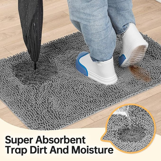 Absorbent Dog Door Mat for Muddy Paws, 48" x 30" Chenille Indoor Mats for Entryway, Trap Dirt Front Door Mat Indoor Entrance Washable Non Slip Soft Light Grey