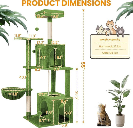 Cat Tree, 54-Inch Cat Tower for Indoor Cats, Soft Plush Multi-Level Climbing Cat Condo with Scratching Posts, Basket, Perches,2 Caves,2 Pompoms Play House for Cat(Green)
