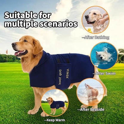 Dog Towel Dog Bathrobe, Microfiber Super Absorbent Pet, Quick Drying Robe for After Bath, Adjustable Collar & Belly Strap Pet Cat Bath Robe Towel Blue-M