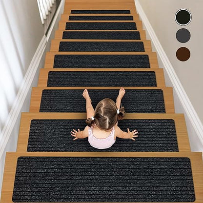 Non-Slip Stair Treads, 7.8" X 30" (15-Pack) Stair Runner Indoor Outdoor Mat, Black Slip Resistant Stair Tread Mats Step Covers Pads for Elders, Kids and Pets (30" x 7.8", Black)