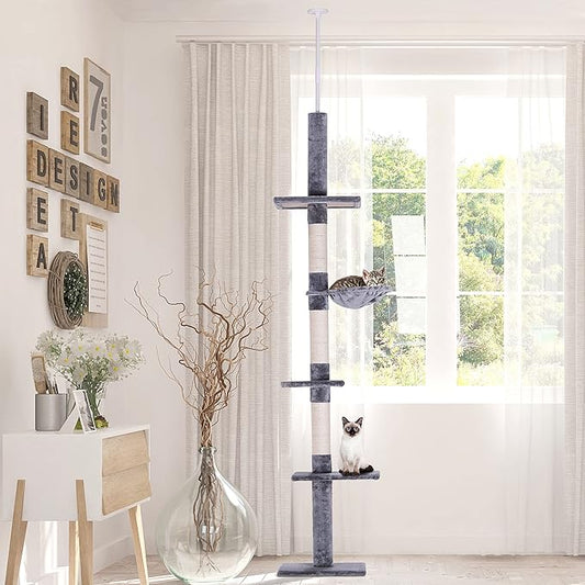 PawHut 102" Adjustable Height Floor to Ceiling Cat Tree, 5 Level Cat Tower with Scratching Posts, Hammock, Gray