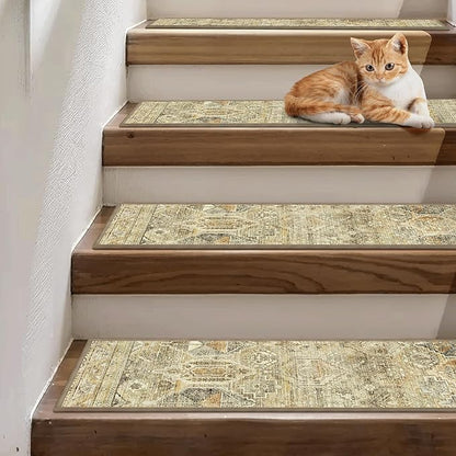 Carpet Stair Treads Non Slip 15PCS, 8" X 30" Edging Stair Runner for Wooden Steps Indoor, Resistant Stair Rugs with Reusable TPE Adhesive Backing, Residue Mat for Elders, Pets, Tawny/Ivory