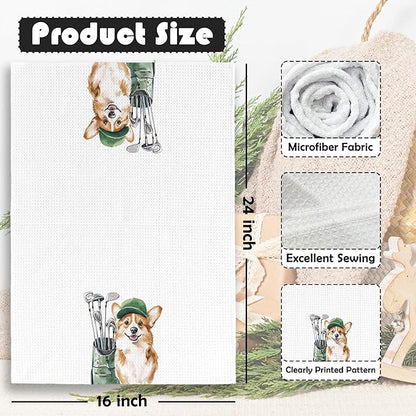 Golf Dog Kitchen Towels - Corgi Dish Towels, Sports Gifts, Pet Golf Club Decorative Absorbent Dishcloths Hand Towels Set of 2 for Spa Kitchen Gym Decor 16x24 Inches