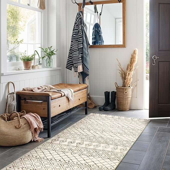 2'x6' Hallway Runner Rug Washable - Non Slip Moroccan Runners Low Pile Floor Carpet with Rubber Backing Farmhouse Kitchen Mat Indoor Rugs for Front Door Living Room 2'x6' Geo Beige