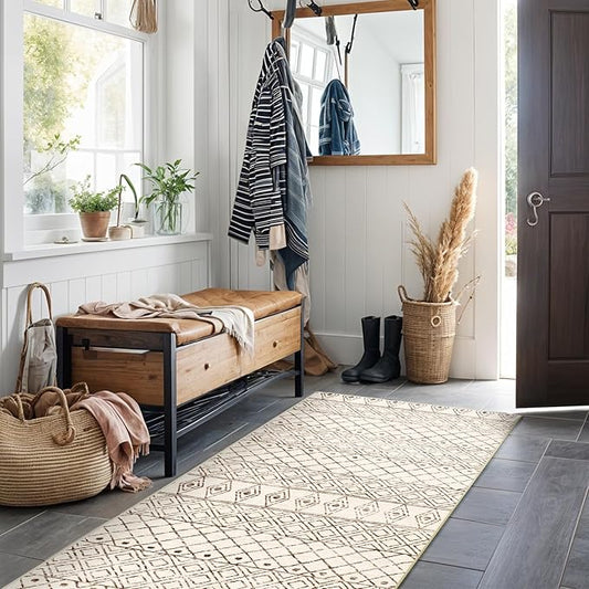 2'x6' Hallway Runner Rug Washable - Non Slip Moroccan Runners Low Pile Floor Carpet with Rubber Backing Farmhouse Kitchen Mat Indoor Rugs for Front Door Living Room 2'x6' Geo Beige