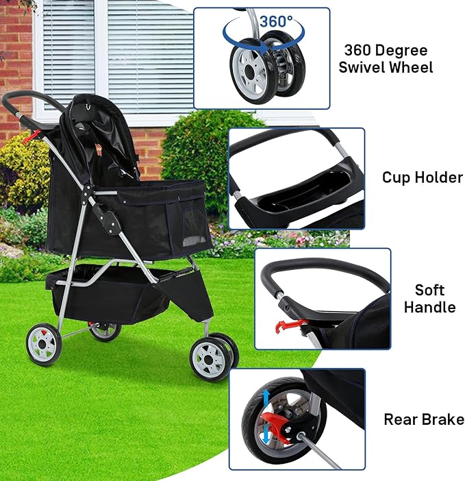 Best 3 Wheels Pet Stroller for Dog Stroller Cat Stroller, Lightweight and Foldable Pet Jogger Stroller, Carrier Strolling Cart W/Cup Holders Removable Liner for Small and Medium Dog Cat or Pet - Black