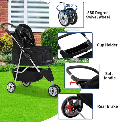 Best 3 Wheels Pet Stroller for Dog Stroller Cat Stroller, Lightweight and Foldable Pet Jogger Stroller, Carrier Strolling Cart W/Cup Holders Removable Liner for Small and Medium Dog Cat or Pet - Black