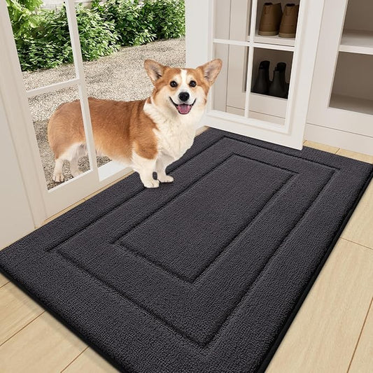 Smiry Dog Door Mat for Muddy Paws, Absorbs Moisture and Dirt, Low-Profile Entryway Mat with Non-Slip Backing, Entry Indoor Outdoor Doormat for Inside Floor (36x24 Inches, Dark Grey, Bordered)