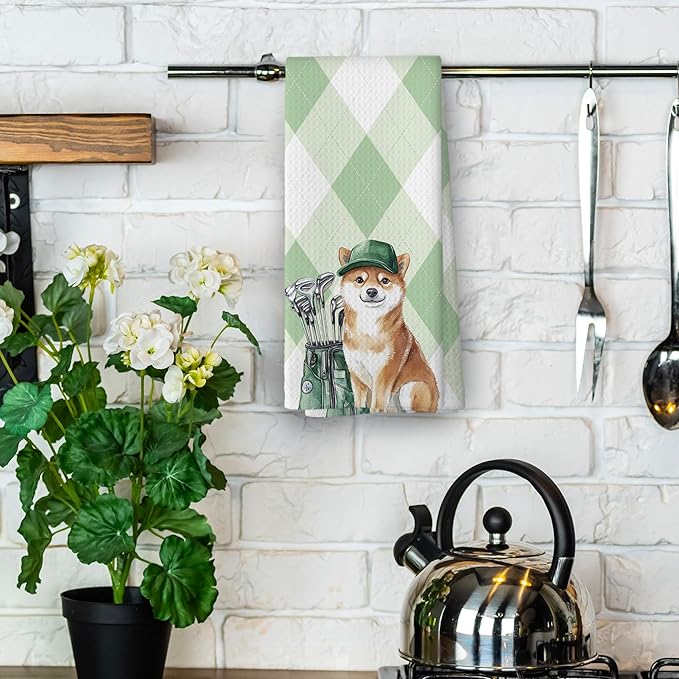 Golf Dog Kitchen Towels - Shiba Inu Dish Towels, Sports Gifts, Pet Golf Club Decorative Absorbent Dishcloths Hand Towels for Kitchen Gym Spa Decor 16x24 Inches