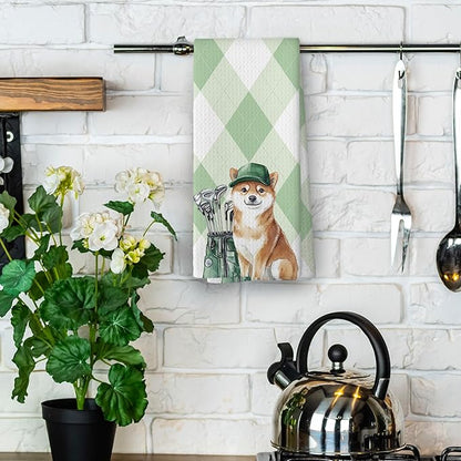 Golf Dog Kitchen Towels - Shiba Inu Dish Towels, Sports Gifts, Pet Golf Club Decorative Absorbent Dishcloths Hand Towels for Kitchen Gym Spa Decor 16x24 Inches