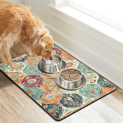 Dog Food Mats for Floors Absorbent, Cat Food Mat - Pet Cat Feeding Mat Quick Dry, Dog Bowl Mats for Water, Pet Supplies Feeding Placemat 12" x 20" Orange Boho