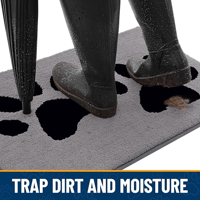 Smiry Dog Door Mat for Muddy Paws, Absorbs Moisture and Dirt, Low-Profile Entryway Mat with Non-Slip Backing, Entry Indoor Outdoor Doormat for Inside Floor (59x24 Inches, Grey, Paw)