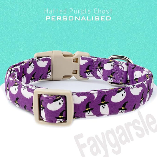 Faygarsle Halloween Dog Collar with Charm, Purple with Ghost Pattern, Adjustable Pet Collar for Small Medium Large Dogs XS